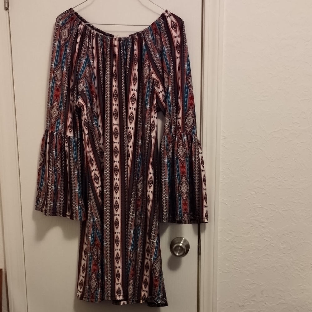 Boho Off-Shoulder Bell Sleeve Dress - Multi Stripe